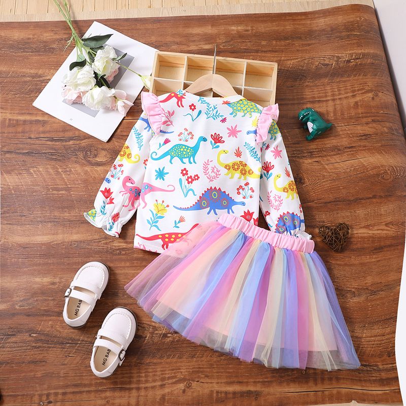 2pcs Toddler Girl Playful Dinosaur Print Tee and Gradient Color Mesh Skirt Set Multi-color big image 2