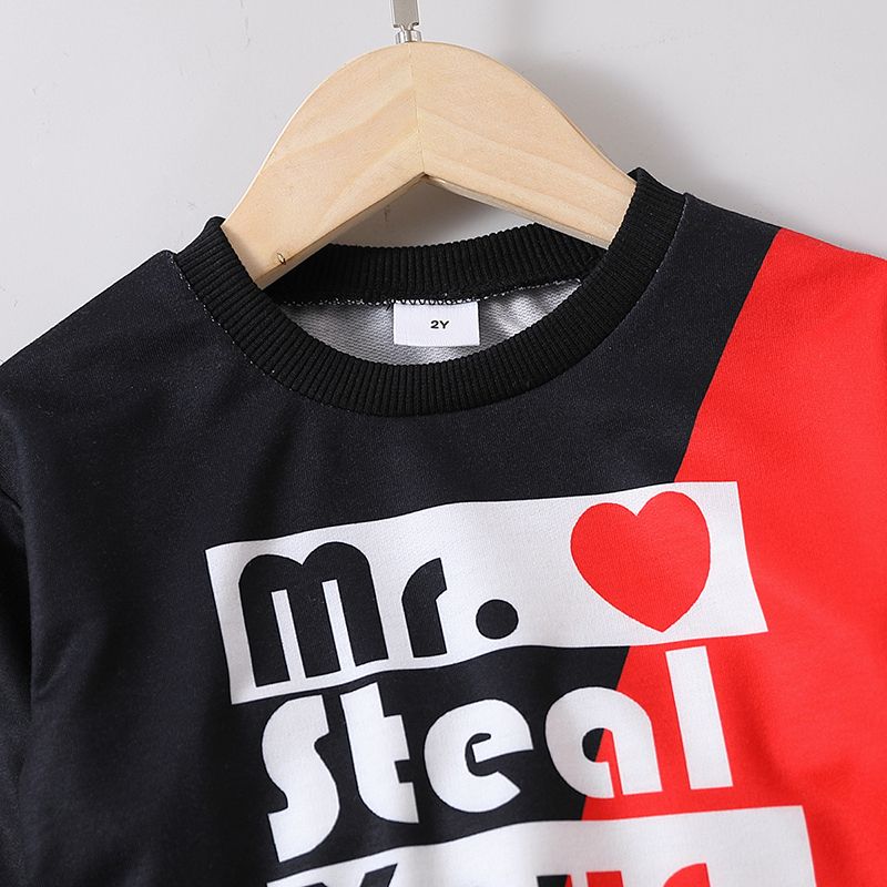 2pcs Toddler Boy Trendy Letter Print Colorblock Sweatshirt and Ripped Pants Set Red big image 3