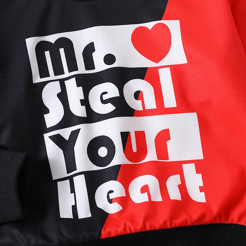 2pcs Toddler Boy Trendy Letter Print Colorblock Sweatshirt and Ripped Pants Set Red big image 4
