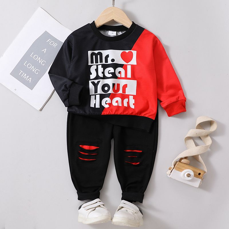 2pcs Toddler Boy Trendy Letter Print Colorblock Sweatshirt and Ripped Pants Set Red big image 1