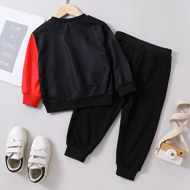 2pcs Toddler Boy Trendy Letter Print Colorblock Sweatshirt and Ripped Pants Set Red big image 2