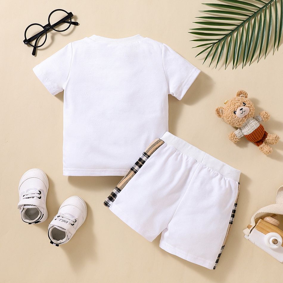 2pcs Baby Boy Plaid Bear Graphic Short-sleeve Tee & Shorts Set White big image 3