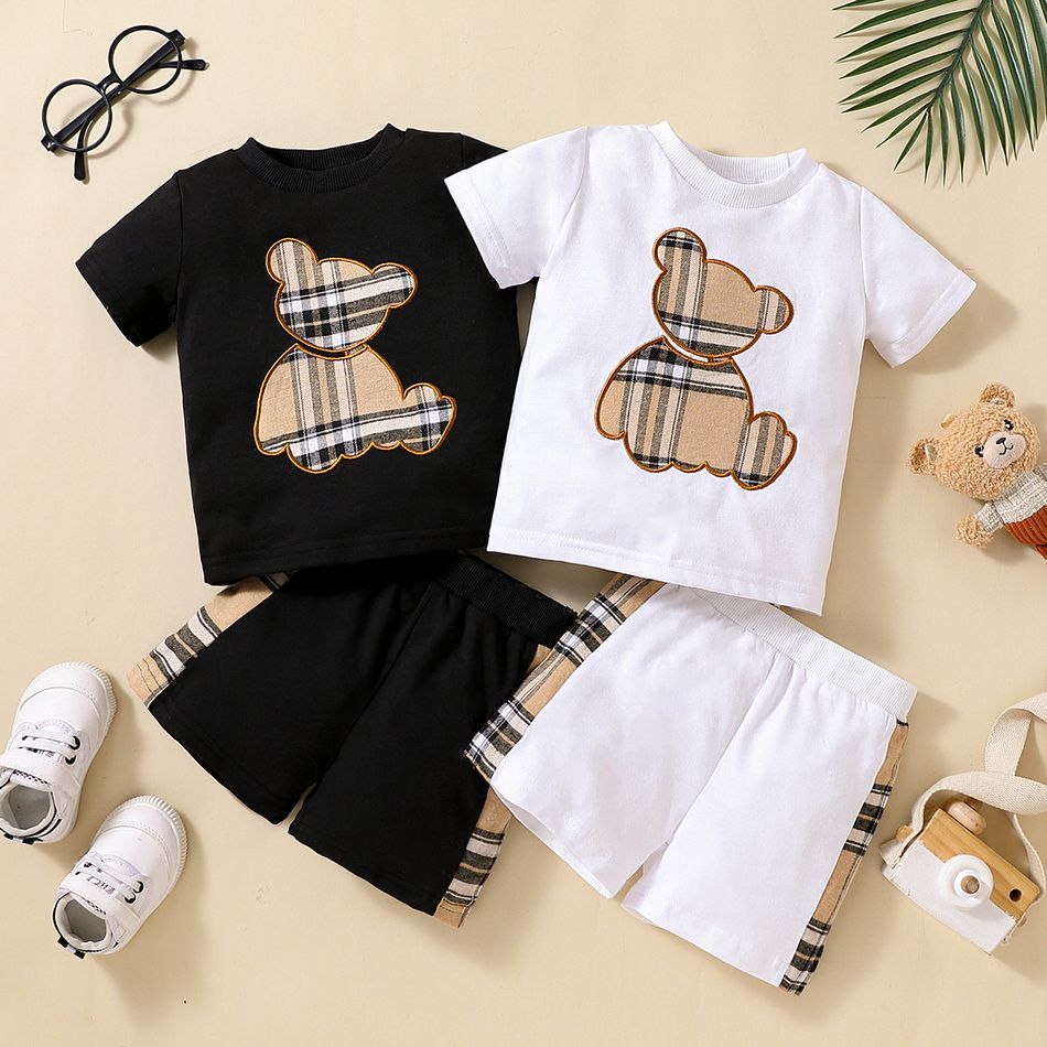 2pcs Baby Boy Plaid Bear Graphic Short-sleeve Tee & Shorts Set White big image 2