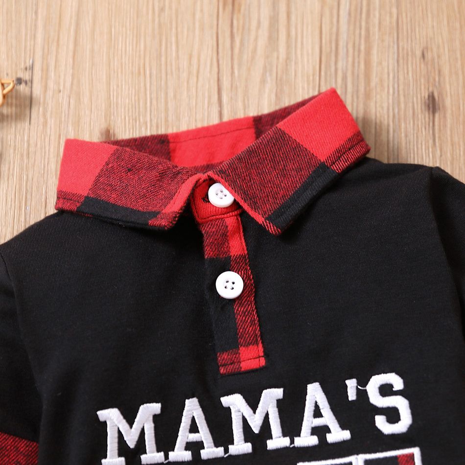 2pcs Baby Boy 95% Cotton Black Spliced Plaid Polo Neck Long-sleeve Letter Embroidered Sweatshirt & Sweatpants Set redblack big image 3