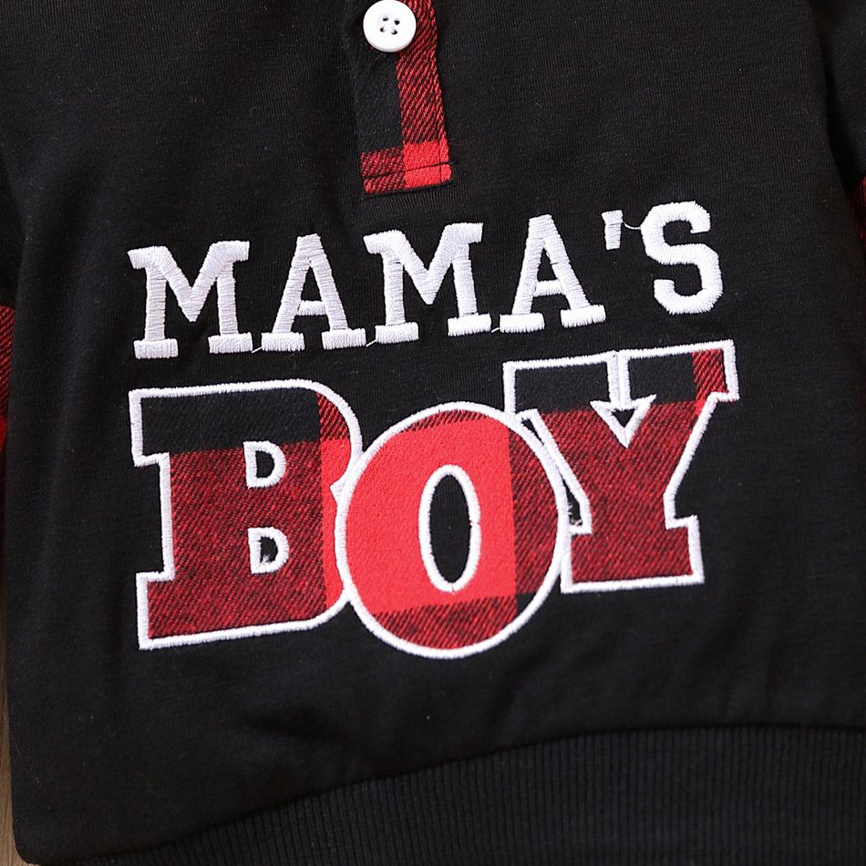 2pcs Baby Boy 95% Cotton Black Spliced Plaid Polo Neck Long-sleeve Letter Embroidered Sweatshirt & Sweatpants Set redblack big image 4