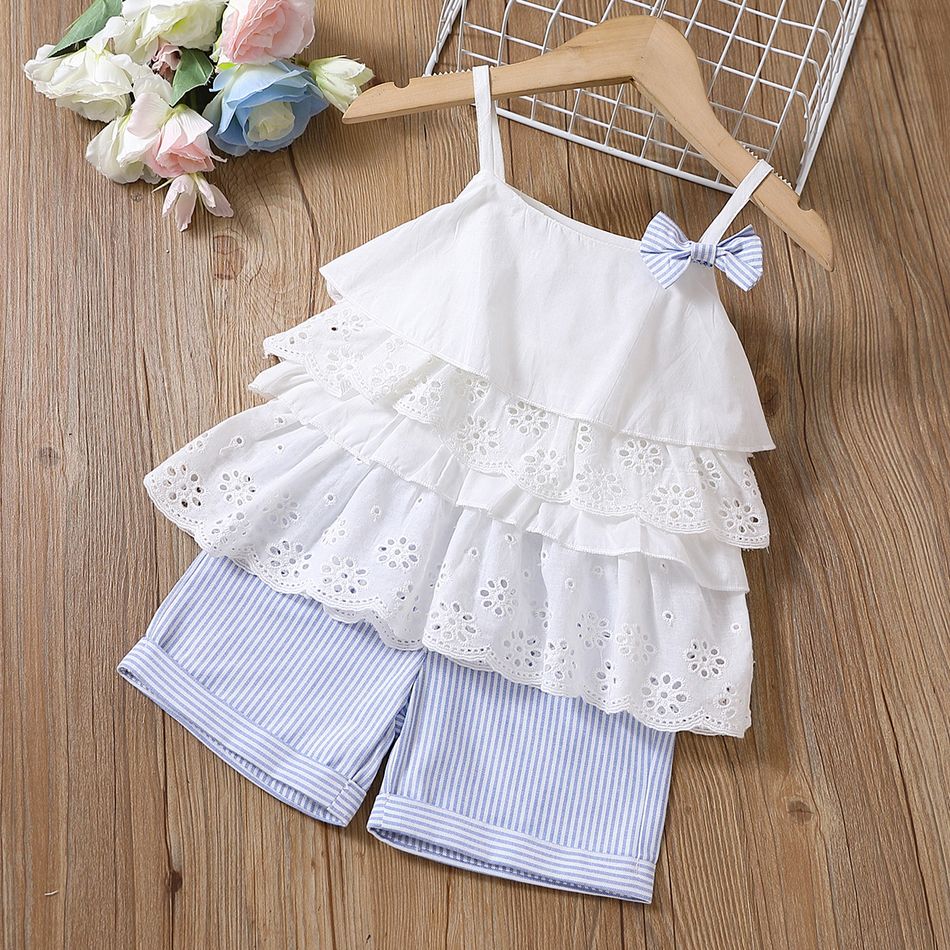 2pcs Toddler Girl Sweet 100% Cotton Bowknot Design Layered Camisole and Stripe Shorts Set White