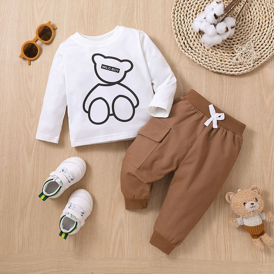 2pcs Baby Boy 100% Cotton Solid Pants and Long-sleeve Graphic Tee Set White big image 1