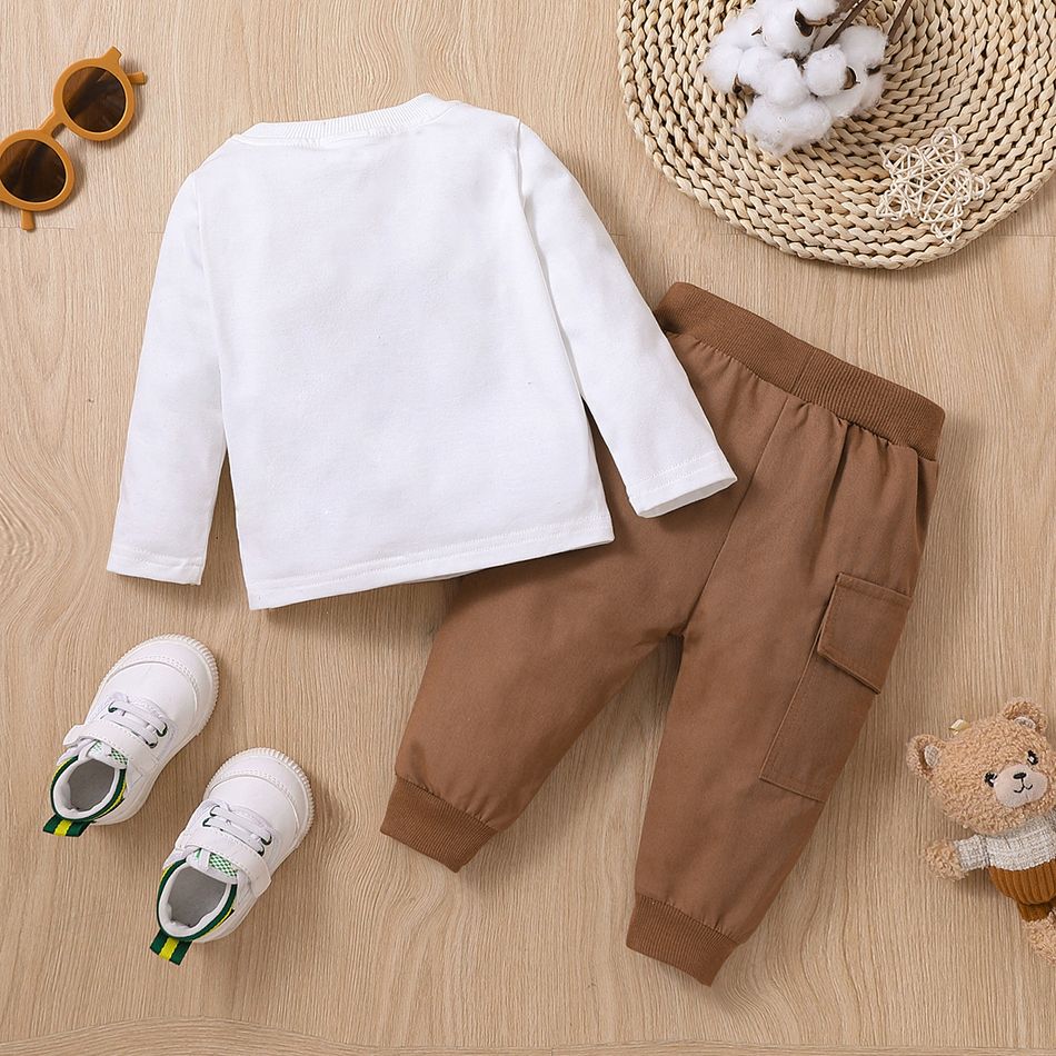 2pcs Baby Boy 100% Cotton Solid Pants and Long-sleeve Graphic Tee Set White big image 2