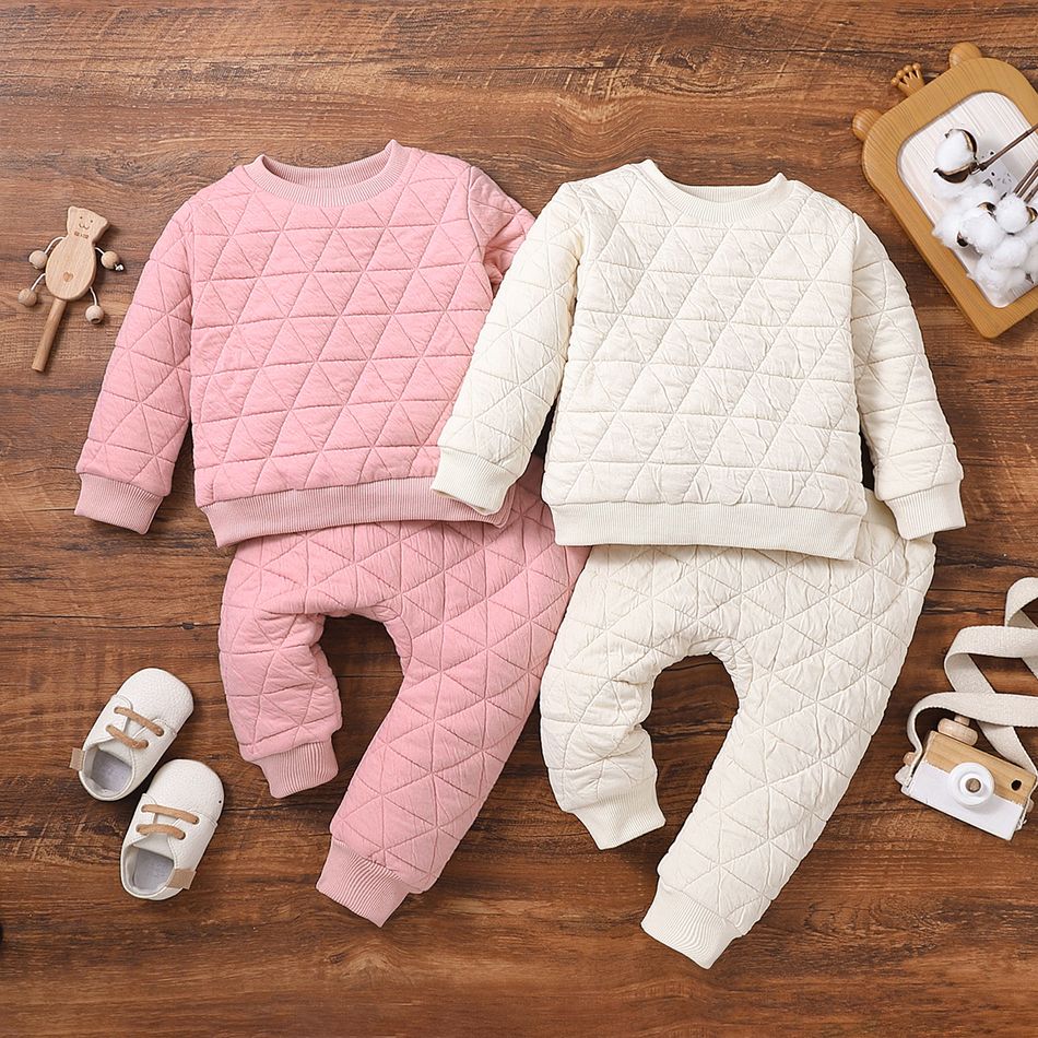2pcs Baby Boy/Girl Solid Thickened Quilted Long-sleeve Set Apricot