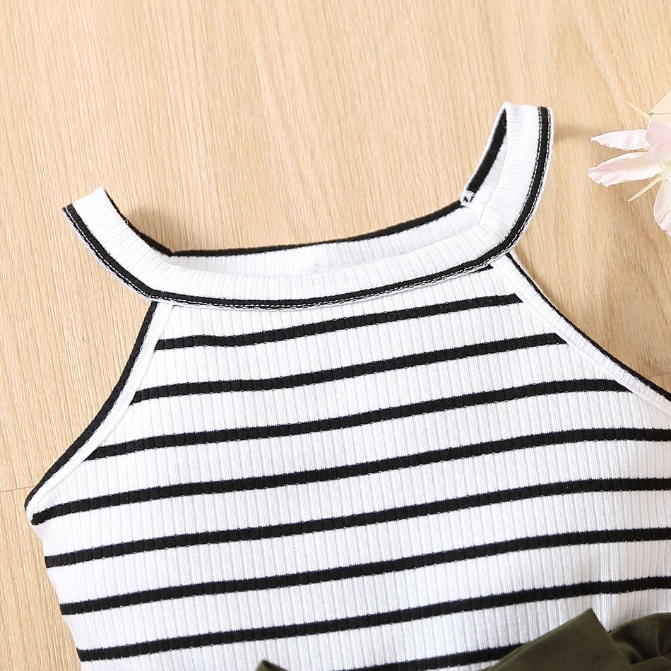 2pcs Toddler Girl Trendy Stripe Halter Tee and Pocket Design Belted Cotton Skirt Set Army green big image 3