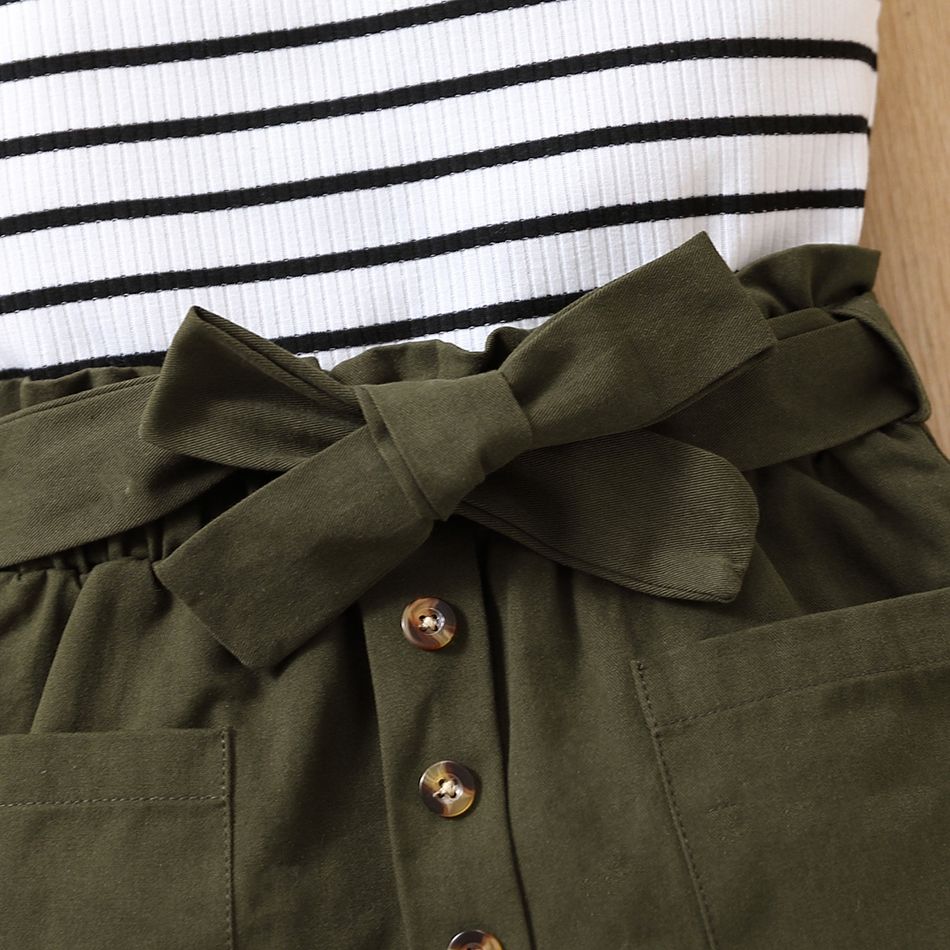 2pcs Toddler Girl Trendy Stripe Halter Tee and Pocket Design Belted Cotton Skirt Set Army green big image 5