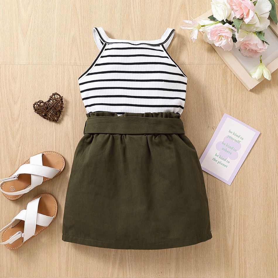 2pcs Toddler Girl Trendy Stripe Halter Tee and Pocket Design Belted Cotton Skirt Set Army green big image 2
