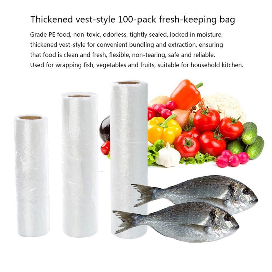 100-pack Food and Fridge Freezer Bags Rolls Clear Plastic Bag Disposable Thickened Vest-style Fresh-keeping Bag with Tie Handles White big image 5