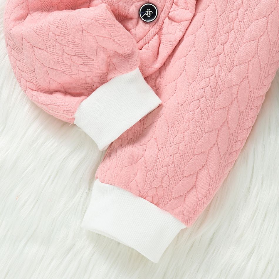 3D Ears Hooded Long-sleeve Ruffle Pink Thickened Lined Baby Jumpsuit Pink big image 2