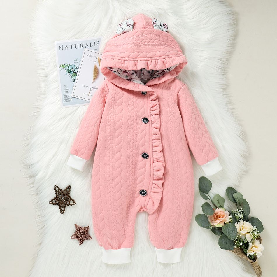 3D Ears Hooded Long-sleeve Ruffle Pink Thickened Lined Baby Jumpsuit Pink big image 3
