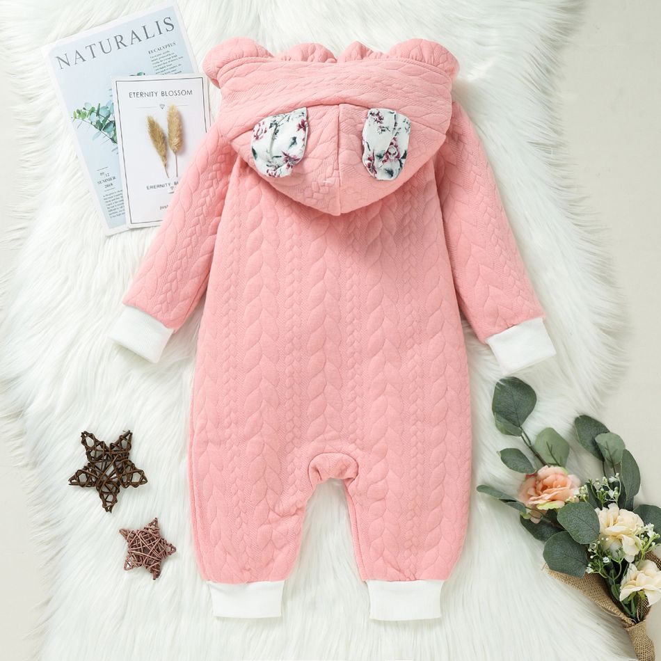 3D Ears Hooded Long-sleeve Ruffle Pink Thickened Lined Baby Jumpsuit Pink big image 4