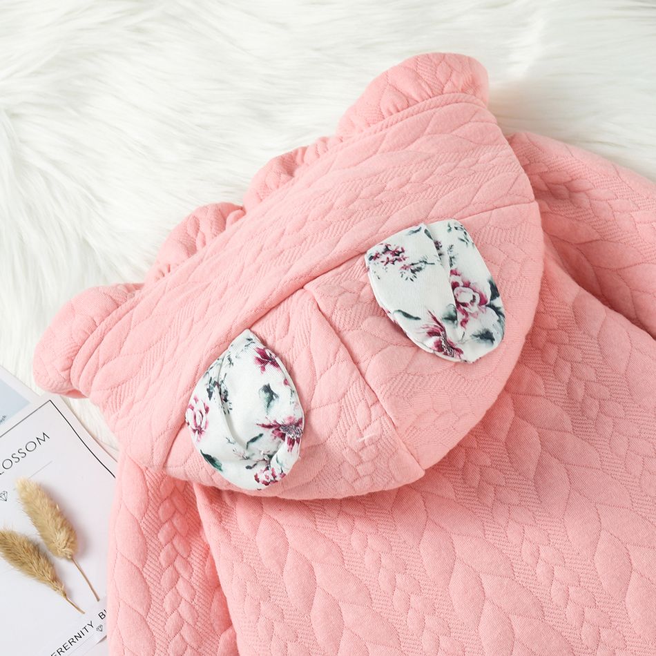 3D Ears Hooded Long-sleeve Ruffle Pink Thickened Lined Baby Jumpsuit Pink big image 5