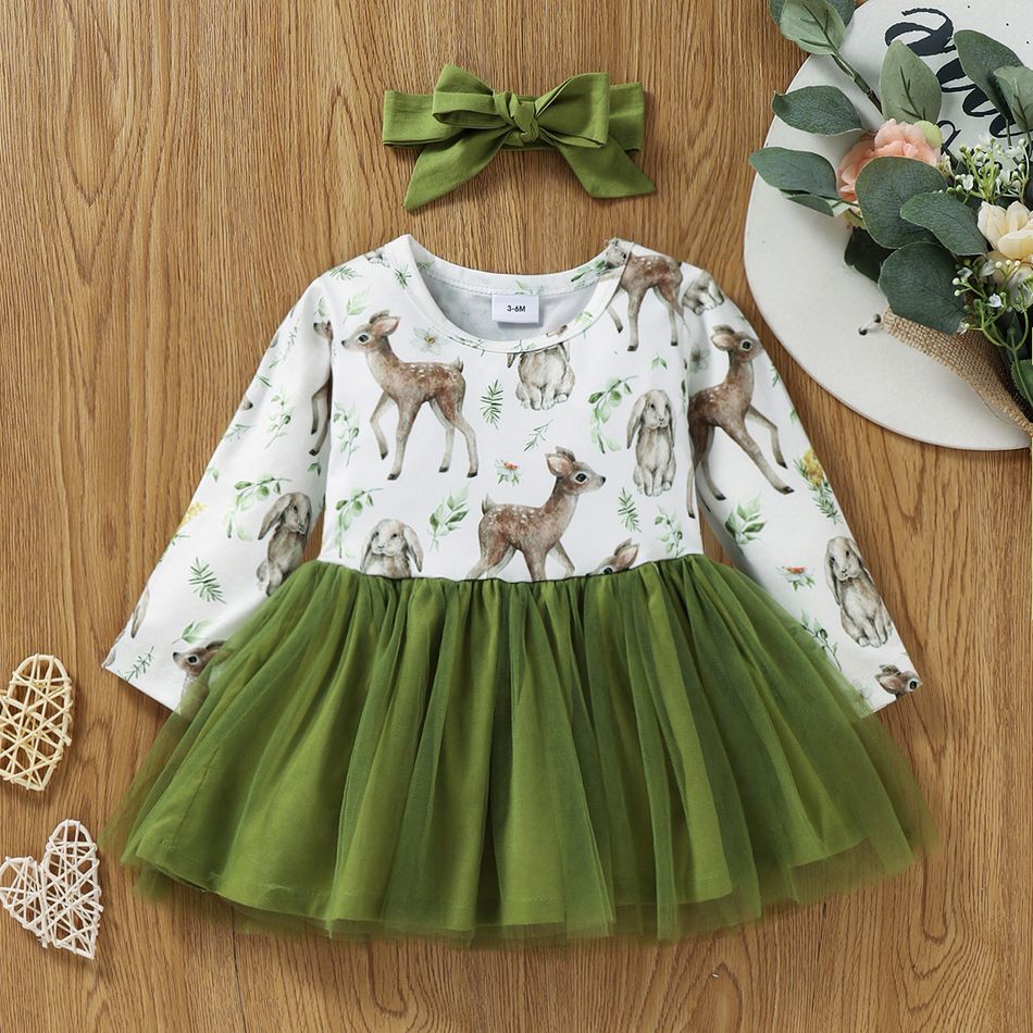 2pcs Baby All Over Animal Print Long-sleeve Splicing Mesh Dress Set Pale Green big image 1