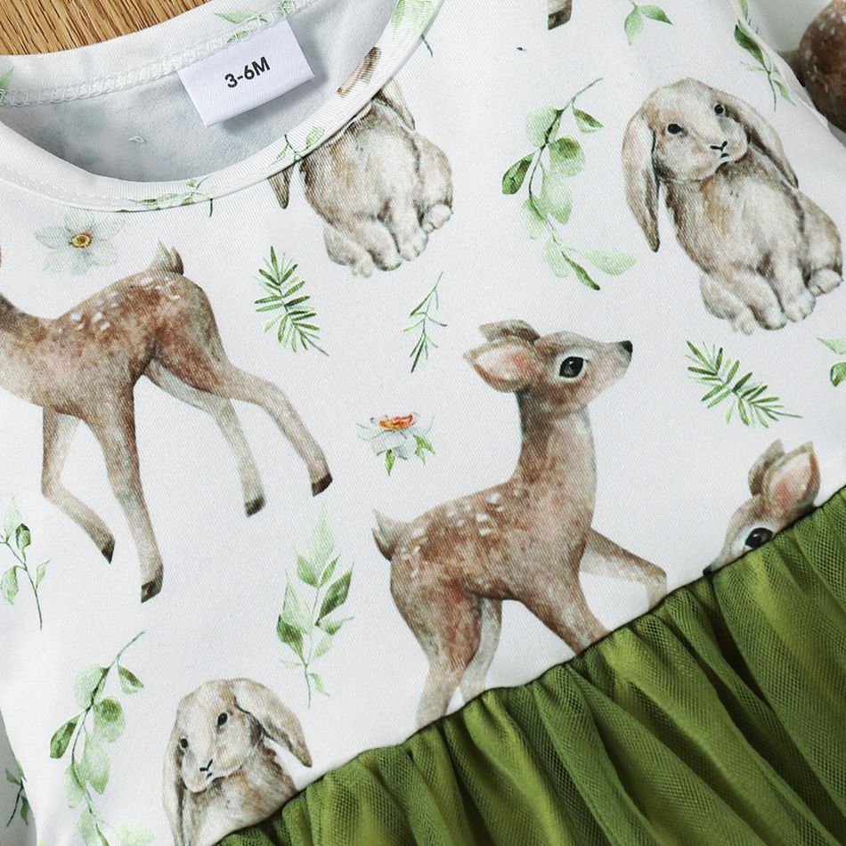 2pcs Baby All Over Animal Print Long-sleeve Splicing Mesh Dress Set Pale Green big image 3