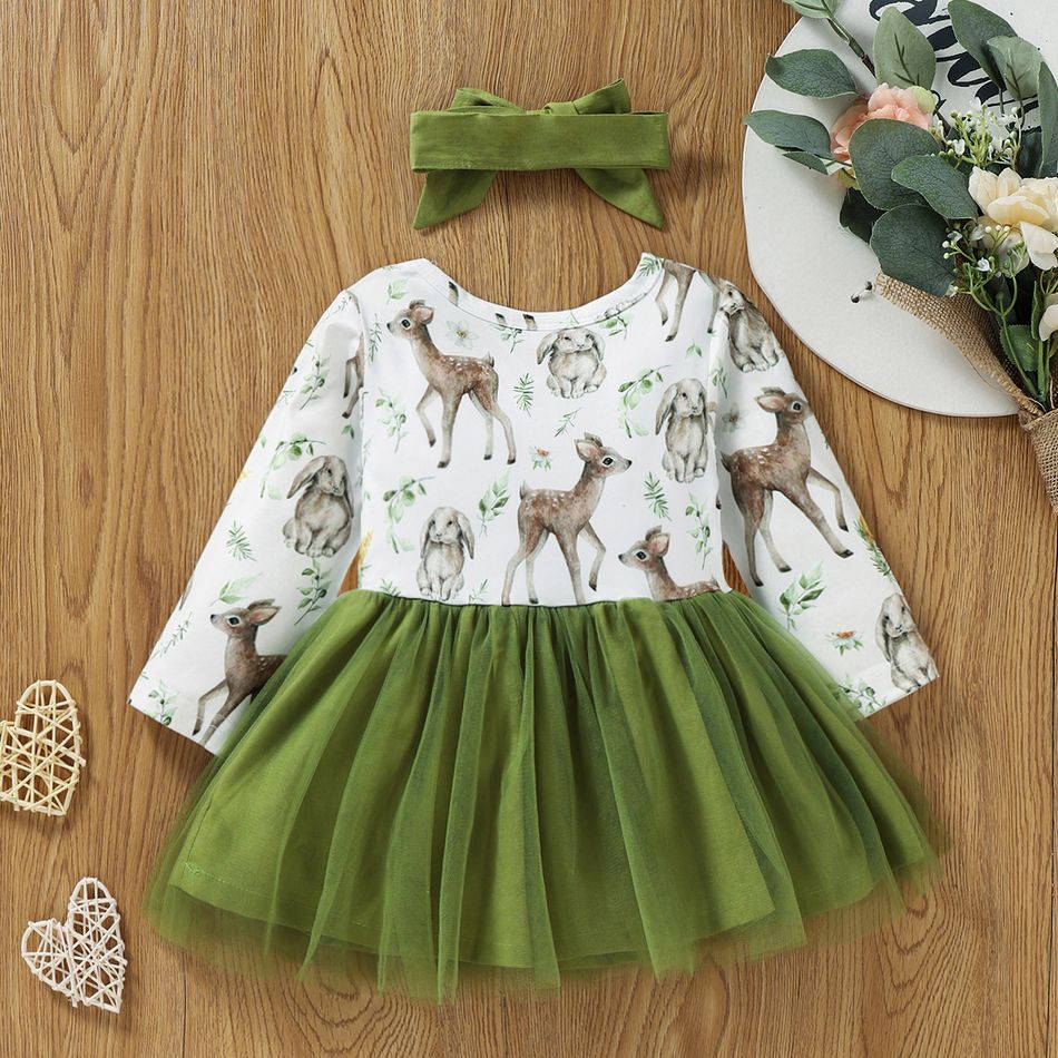 2pcs Baby All Over Animal Print Long-sleeve Splicing Mesh Dress Set Pale Green big image 6