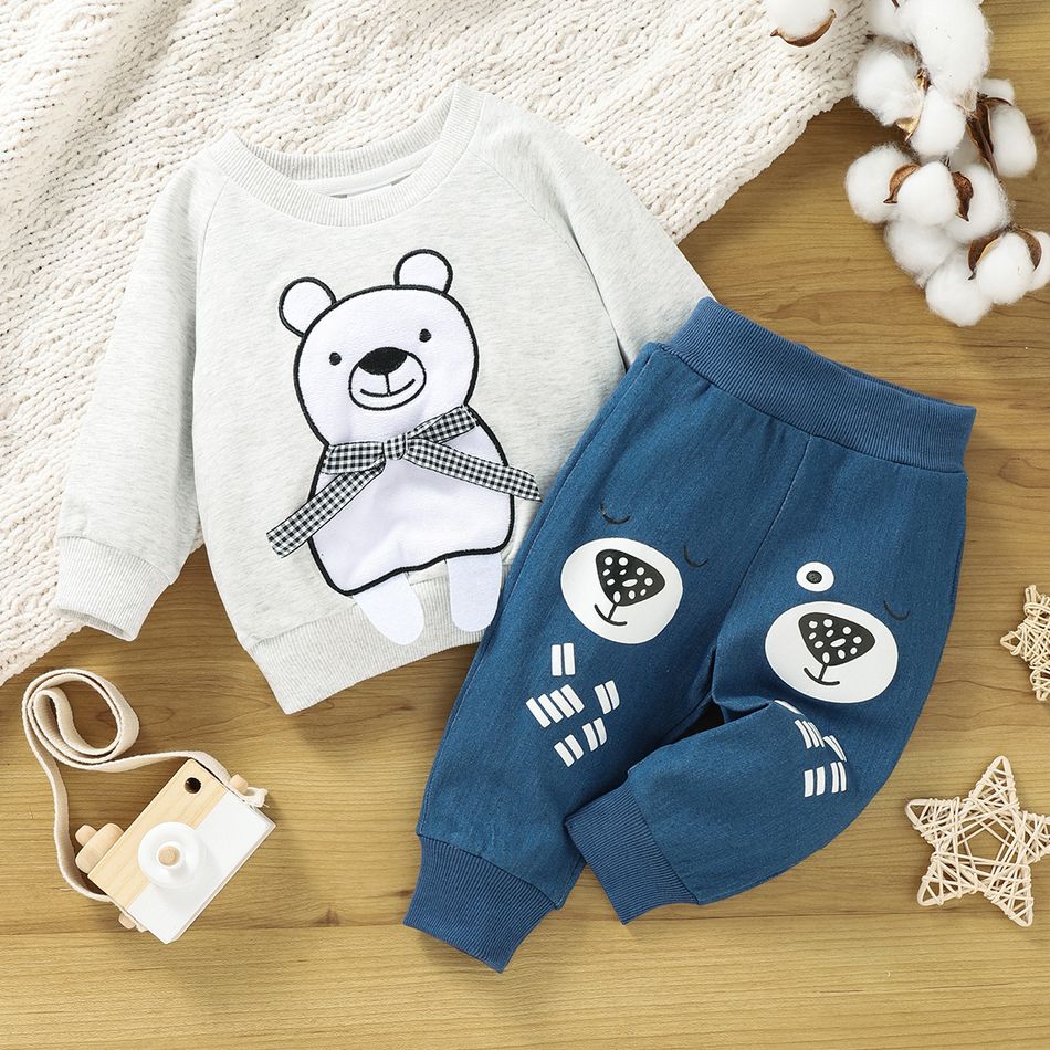 2pcs Baby Cartoon Bear Embroidered Long-sleeve Sweatshirt and Trousers Set Light Grey