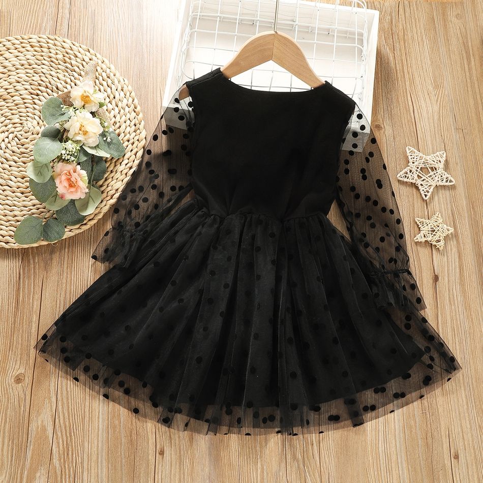فستان توتو شبكي بأكمام طويلة مكشكش منقط باللون الأسود أسود big image 2