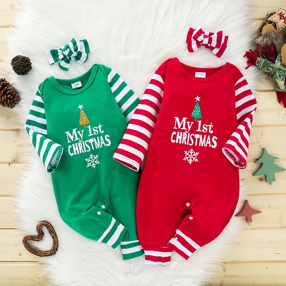 Baby 2pcs Christmas Letter Print and Striped Red Long-sleeve Jumpsuit Set Red big image 6