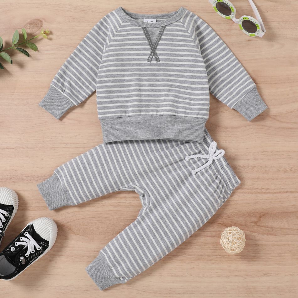 2pcs Baby 95% Cotton Long-sleeve All Over Striped Pullover and Trousers Set Light Grey big image 1