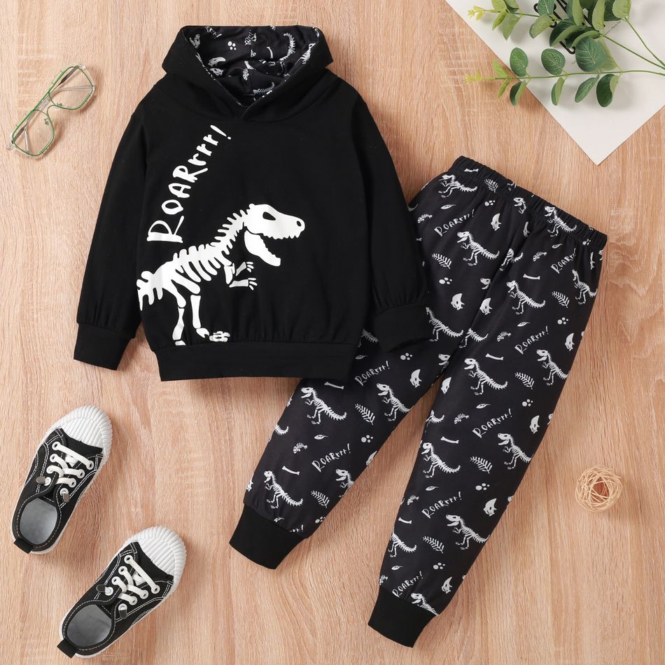 2-piece Toddler Boy Letter Dinosaur Print Hoodie Sweatshirt and Pants Set Black big image 1