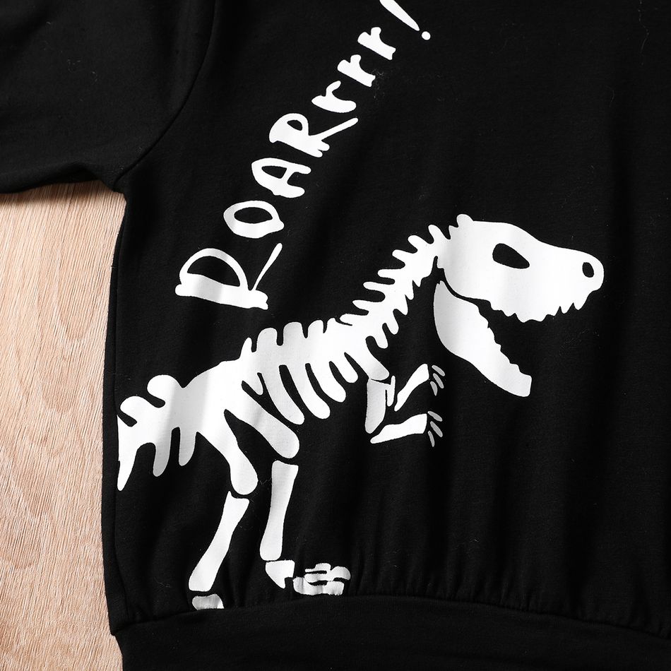2-piece Toddler Boy Letter Dinosaur Print Hoodie Sweatshirt and Pants Set Black big image 5