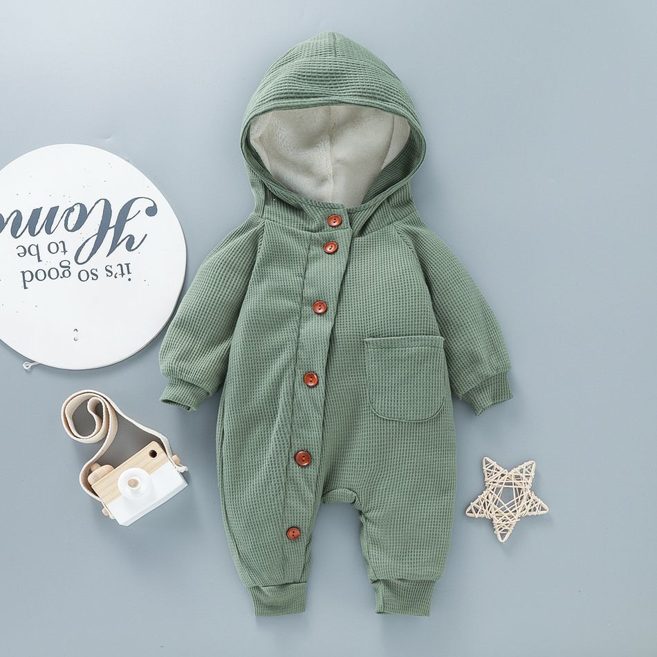 Baby 95% Cotton Long-sleeve Thickened Fleece Lined Hooded Waffle Jumpsuit Turquoise big image 5