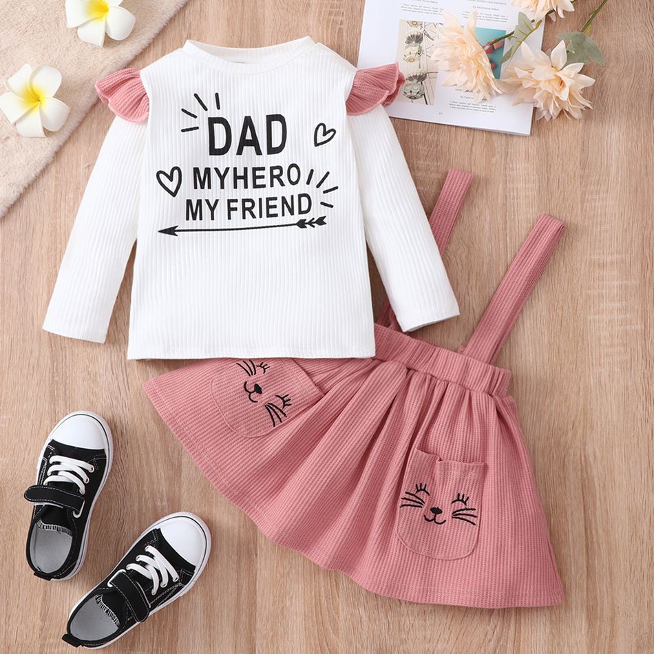 2-piece Toddler Girl Letter Print Ruffled Long-sleeve Ribbed Top and Cat Embroidered Waffle Suspender Skirt Set Pink big image 2