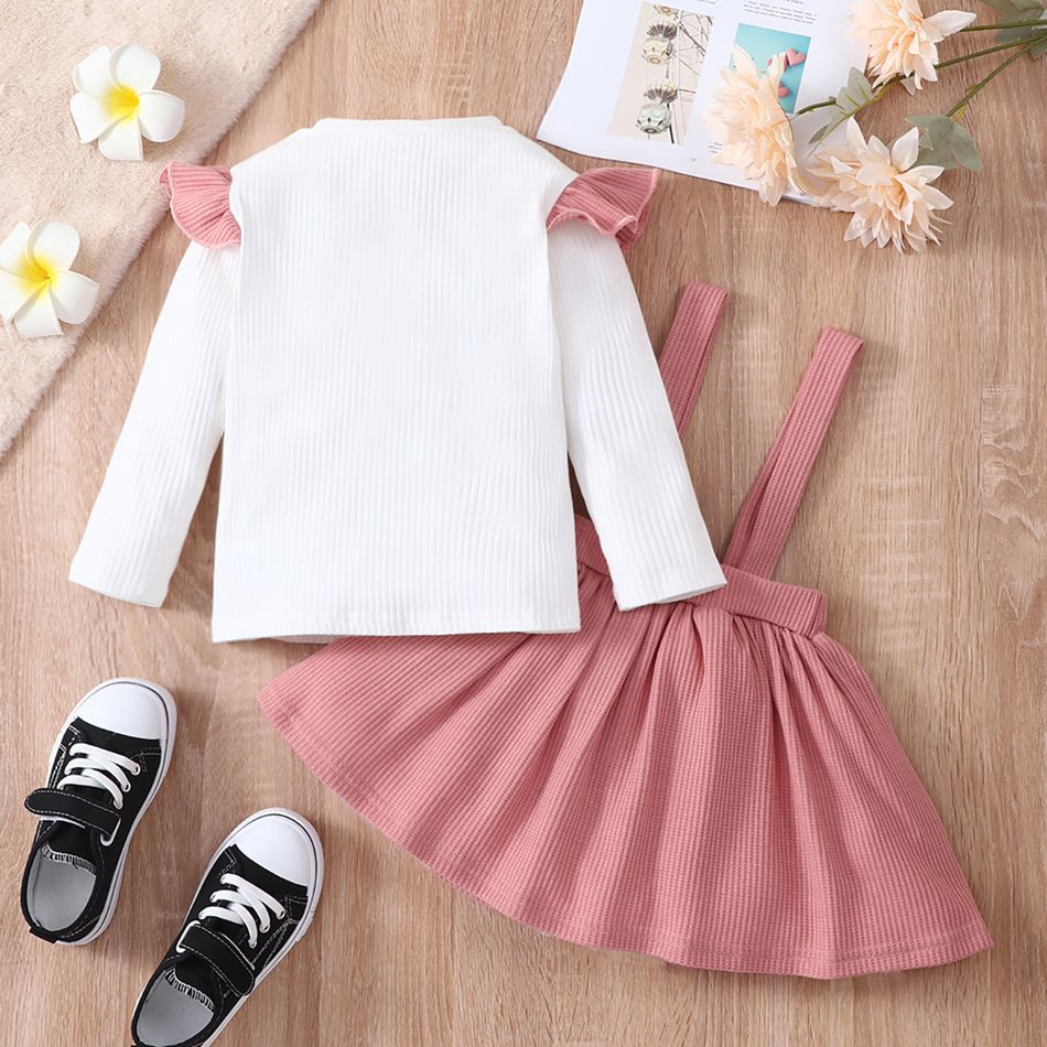2-piece Toddler Girl Letter Print Ruffled Long-sleeve Ribbed Top and Cat Embroidered Waffle Suspender Skirt Set Pink big image 7
