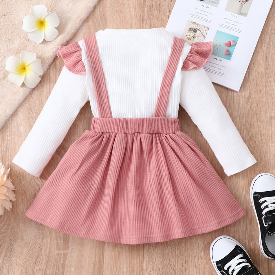 2-piece Toddler Girl Letter Print Ruffled Long-sleeve Ribbed Top and Cat Embroidered Waffle Suspender Skirt Set Pink big image 6