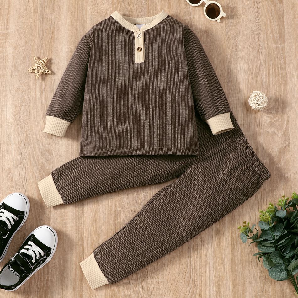 2-piece Toddler Boy/Girl Button Design Ribbed Colorblock Sweatshirt and Pants Set Dark Grey