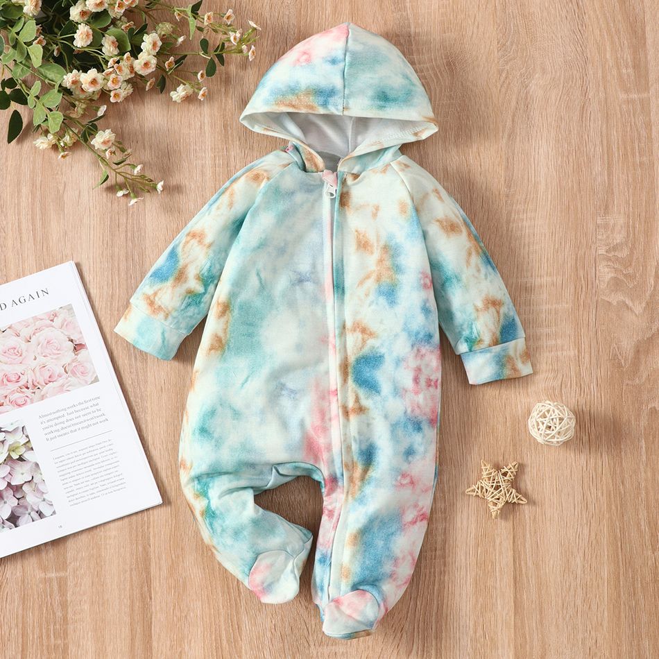 Baby Boy/Girl Colorful Tie Dye Hooded Long-sleeve Footed Zip Jumpsuit Multi-color