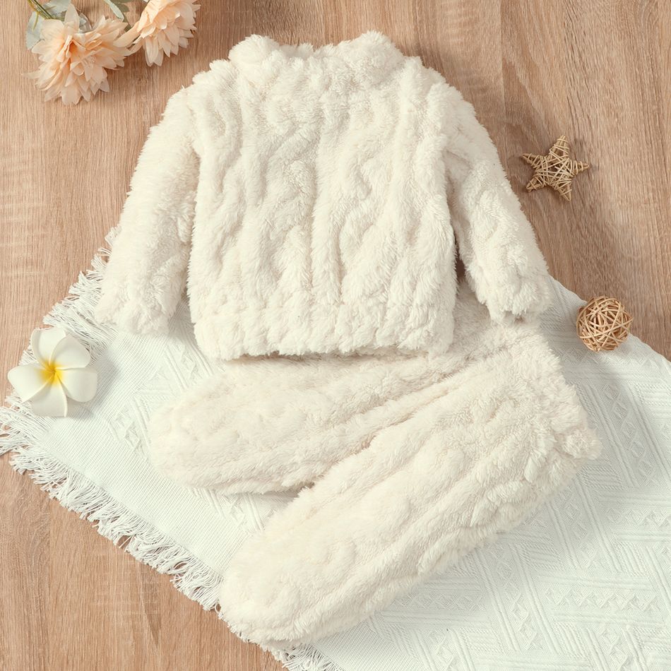 2pcs Baby Boy/Girl Solid Thickened Fuzzy Fleece Long-sleeve Pullover and Trousers Set Apricot