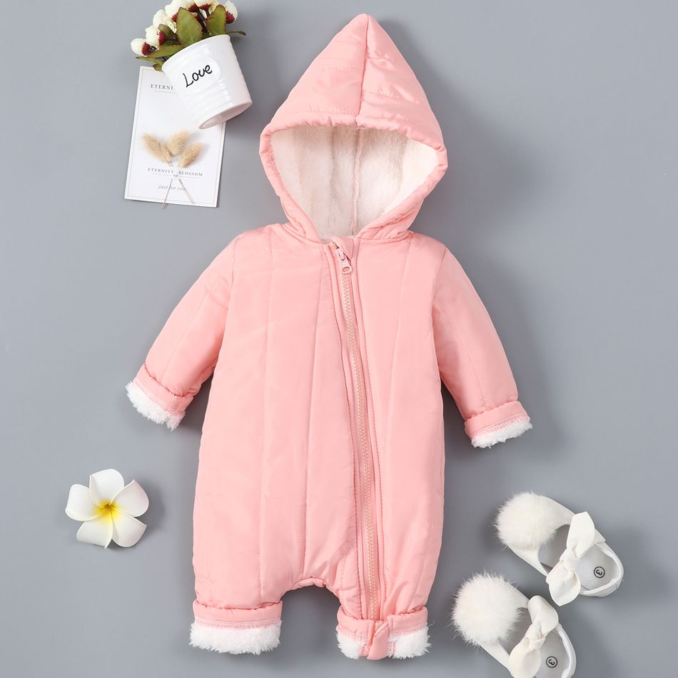 Baby Boy/Girl Thickened Fuzzy Fleece Lined Solid Long-sleeve Hooded Zip Jumpsuit Snowsuit Pink