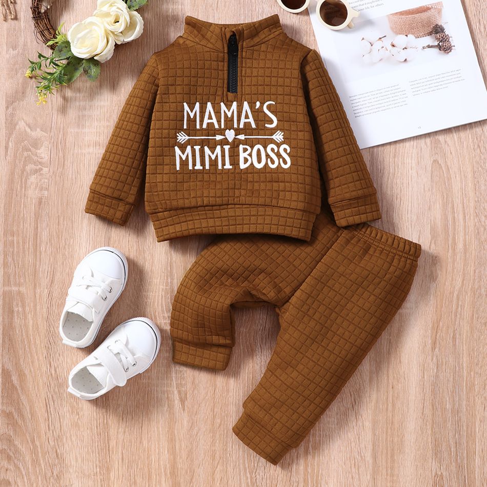 2pcs Baby Girl Letter Embroidered Textured Long-sleeve Zip Top and Trousers Set Brown