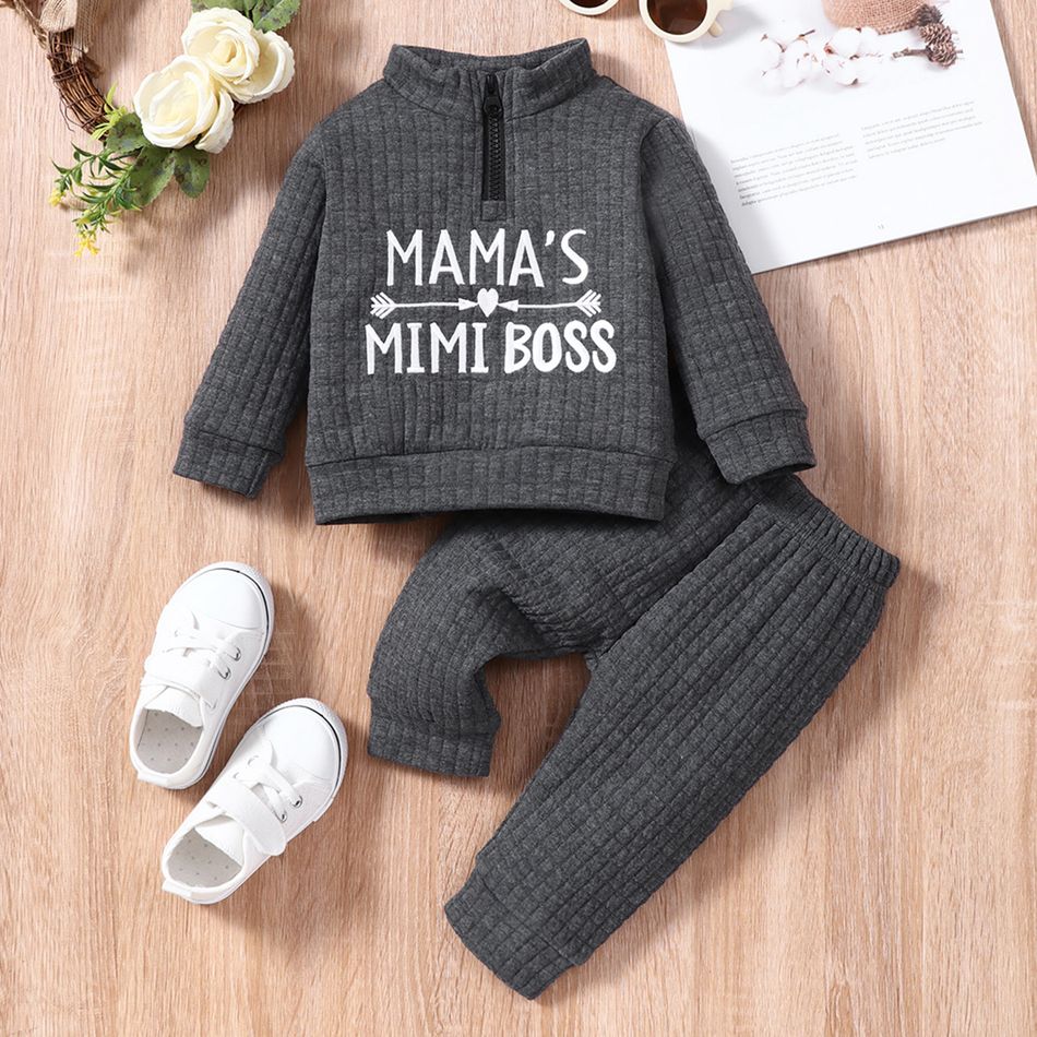 2pcs Baby Girl Letter Embroidered Textured Long-sleeve Zip Top and Trousers Set Dark Grey