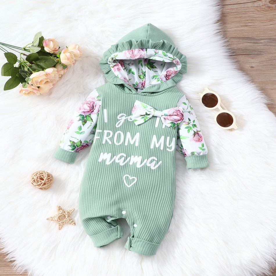100% Cotton Baby Girl Letter Print Light Green Ribbed Splicing Floral Print Long-sleeve Hooded Jumpsuit Light Green