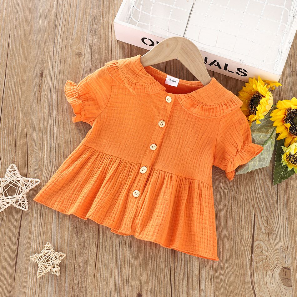 Toddler Girl 100% Cotton Doll Collar Button Design Short-sleeve Blouse Yellow