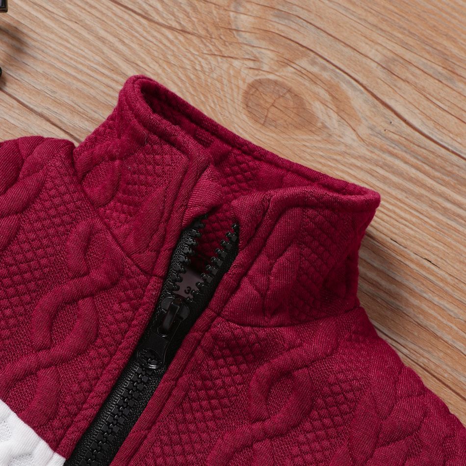 Baby Boy/Girl Imitation Knitting Colorblock Long-sleeve Zip Jacket Burgundy big image 4