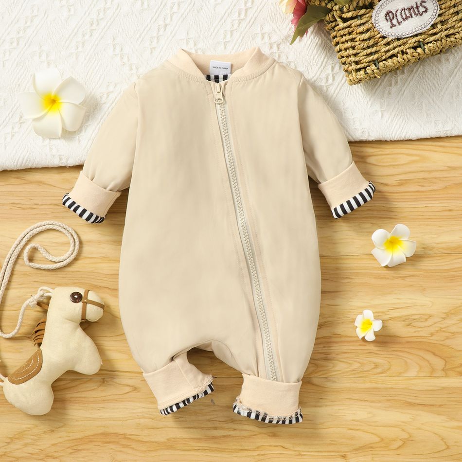 Baby Boy/Girl Cartoon Lion Print Long-sleeve Zip Jumpsuit Apricot