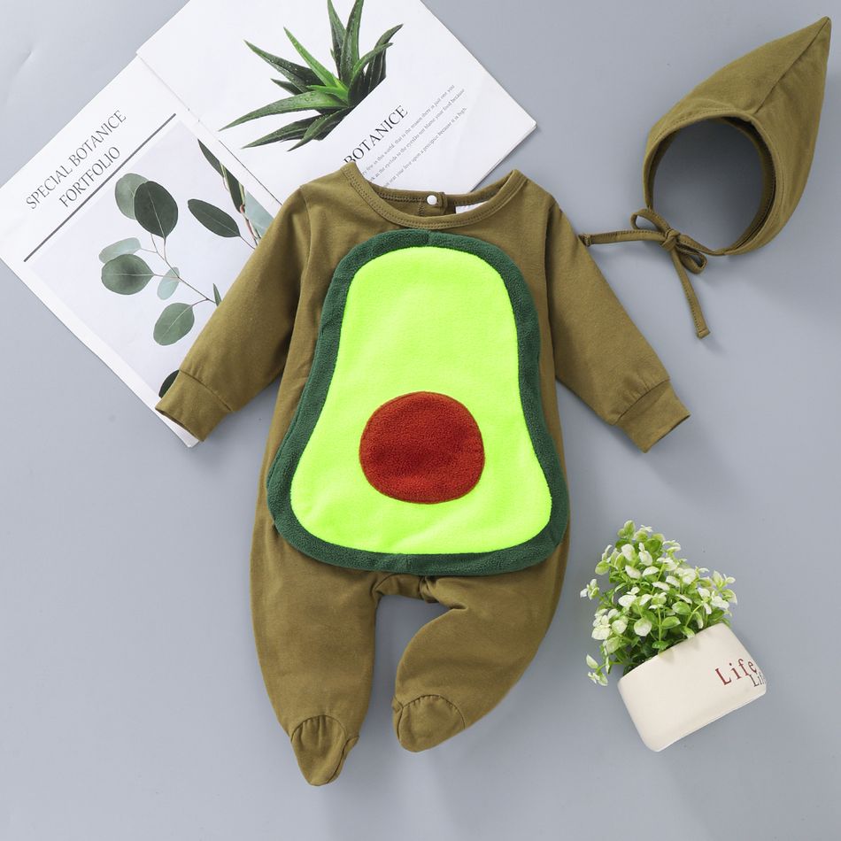 2pcs Baby Boy/Girl Fruit Pattern Long-sleeve Footed Jumpsuit with Hat Set Army green