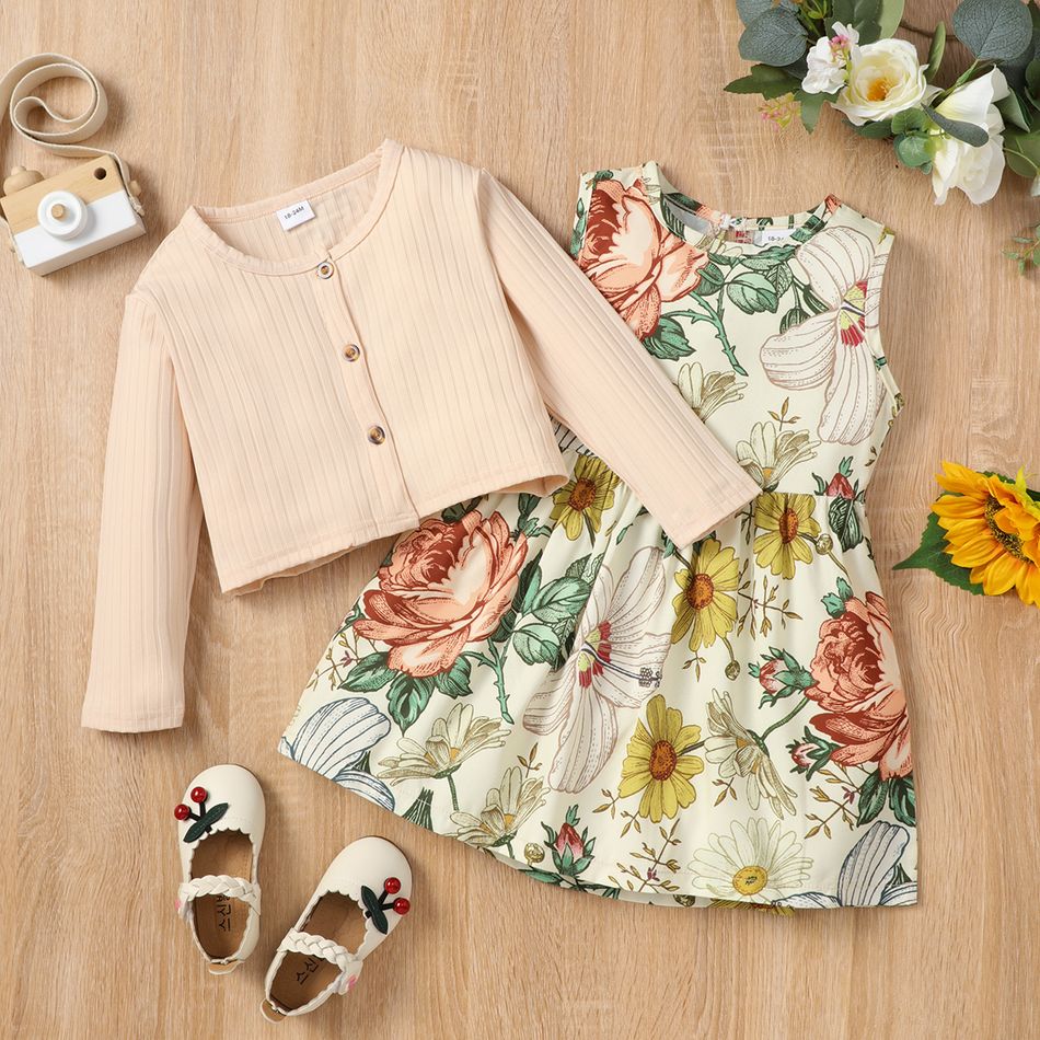 2-piece Toddler Girl Floral Print Sleeveless Dress and Button Design Long-sleeve Cardigan Set Apricot