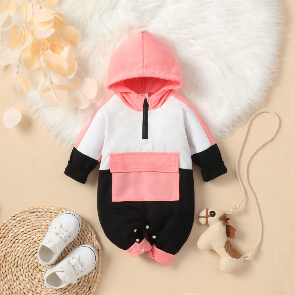 Baby Boy/Girl Colorblock Long-sleeve Hooded Sporty Jumpsuit Pink