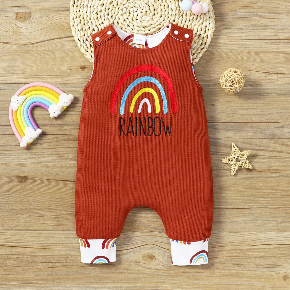 Baby Boy/Girl Rainbow and Letter Embroidered Brown Waffle Sleeveless Jumpsuit Brown big image 2