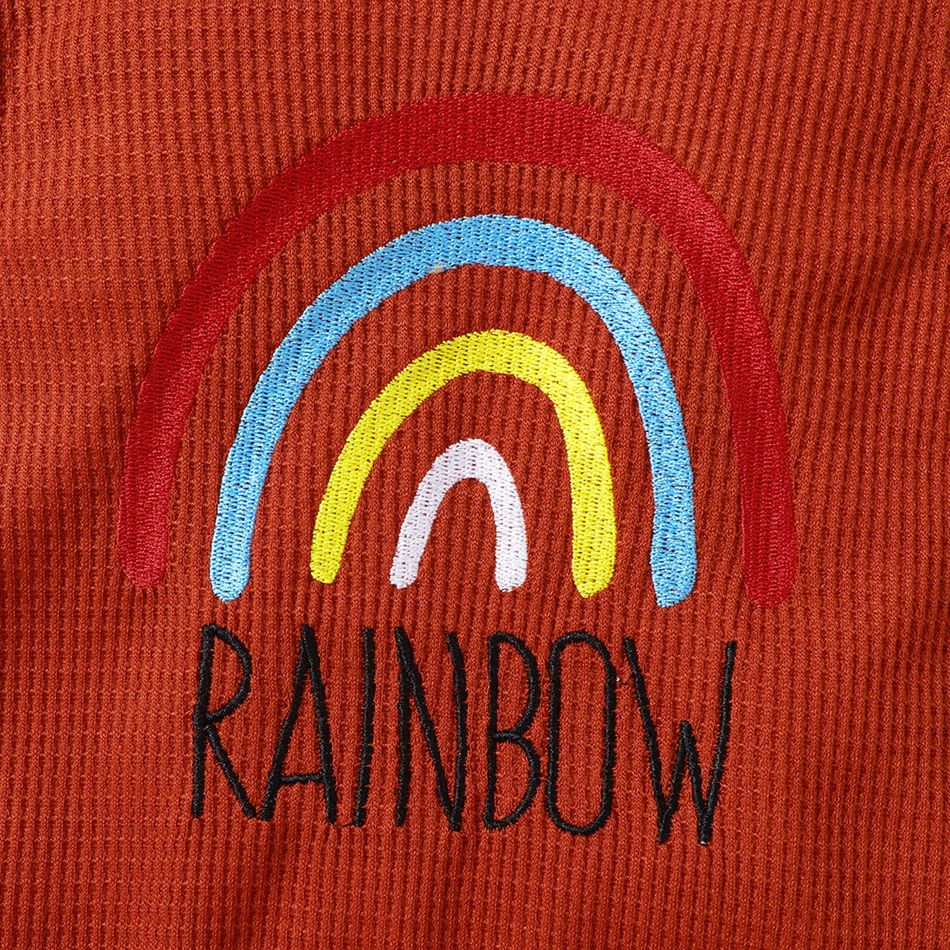 Baby Boy/Girl Rainbow and Letter Embroidered Brown Waffle Sleeveless Jumpsuit Brown big image 6