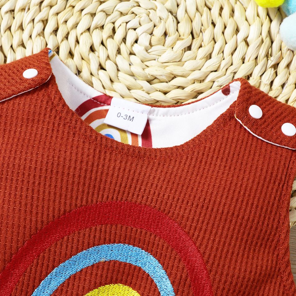 Baby Boy/Girl Rainbow and Letter Embroidered Brown Waffle Sleeveless Jumpsuit Brown big image 4